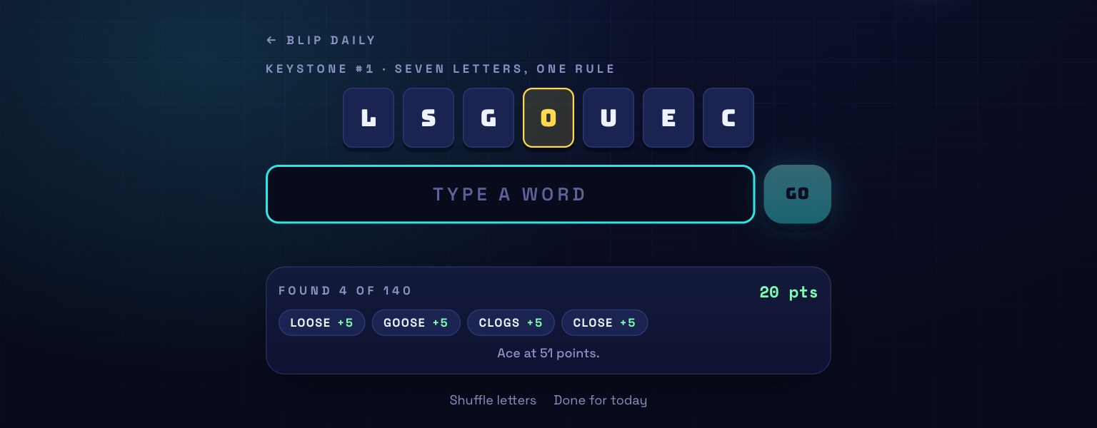 A Keystone round in play: seven letter tiles reading L S G O U E C with the O highlighted gold, a word entry box, and four found words — LOOSE, GOOSE, CLOGS and CLOSE — each worth five points, with 'Ace at 51 points' below.