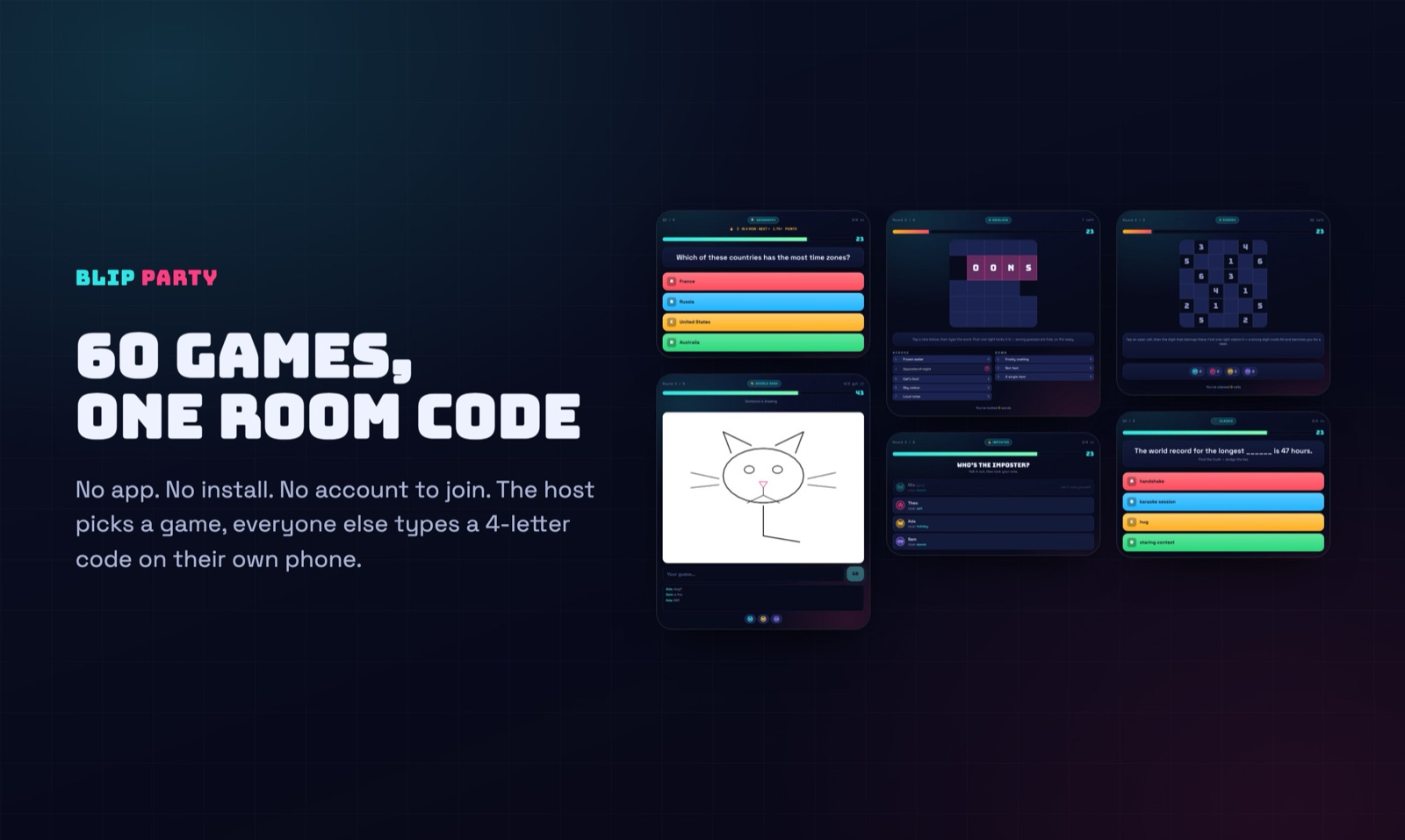 The Blip Party launch card: the headline '60 games, one room code' beside six real game screens — a trivia question, a drawing round, a word grid, a number puzzle, an imposter vote and a hot take.