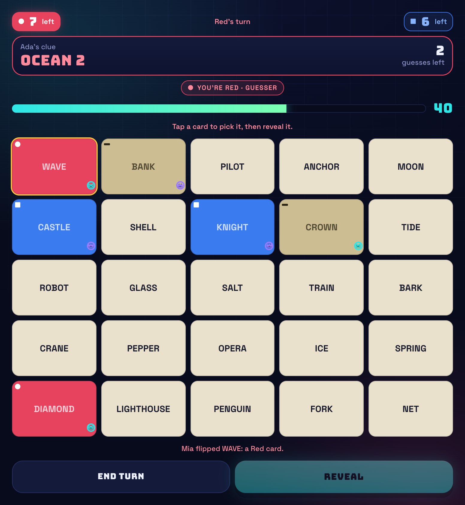 An Agents board mid-game: Red's clue is OCEAN 2, with red, blue and bystander cards already flipped on a 5 by 5 grid of words.