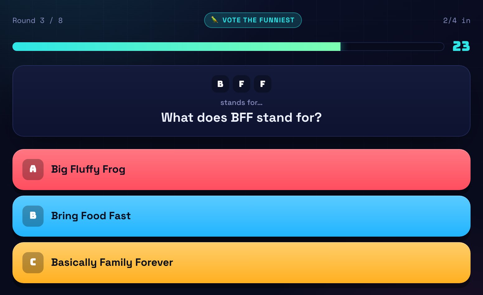 A Backronym vote: the letters B F F above three player-written phrases they might stand for.