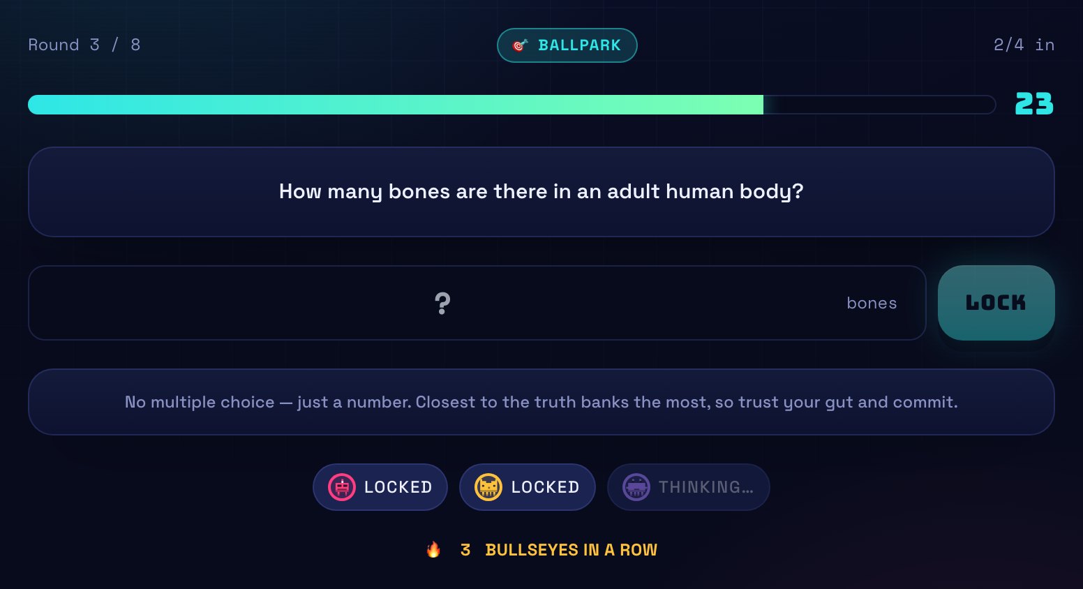 A Ballpark round asking how many bones are in an adult human body, with a number field and the unit 'bones'.