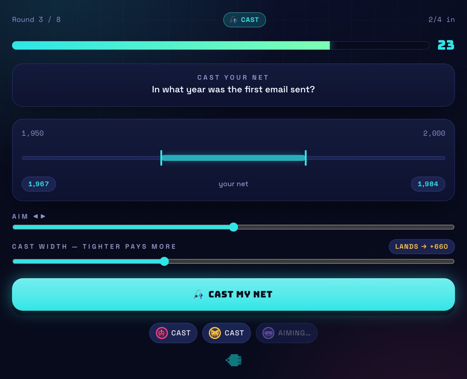 A Cast round asking what year the first email was sent, with a draggable low-to-high net over a number line.