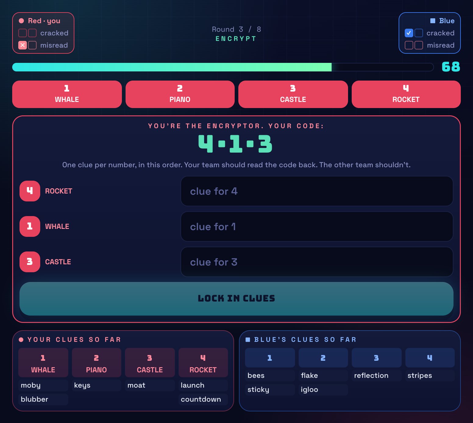 The encryptor's screen in Cipher: the team's four secret words, the code 4-1-3 and three boxes for clues.