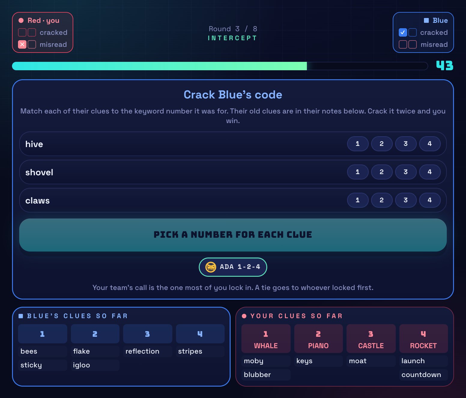 A Cipher intercept: the other team's three clues, a row of number buttons for each, and both teams' clue notes below.