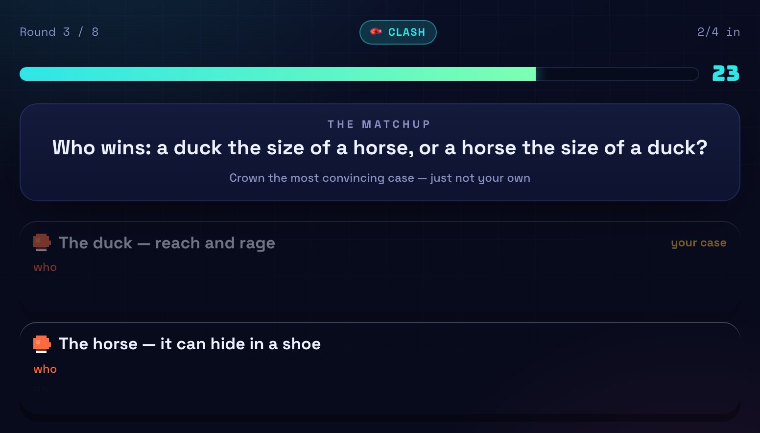 A Clash vote showing two written arguments about whether a giant duck or a tiny horse would win.