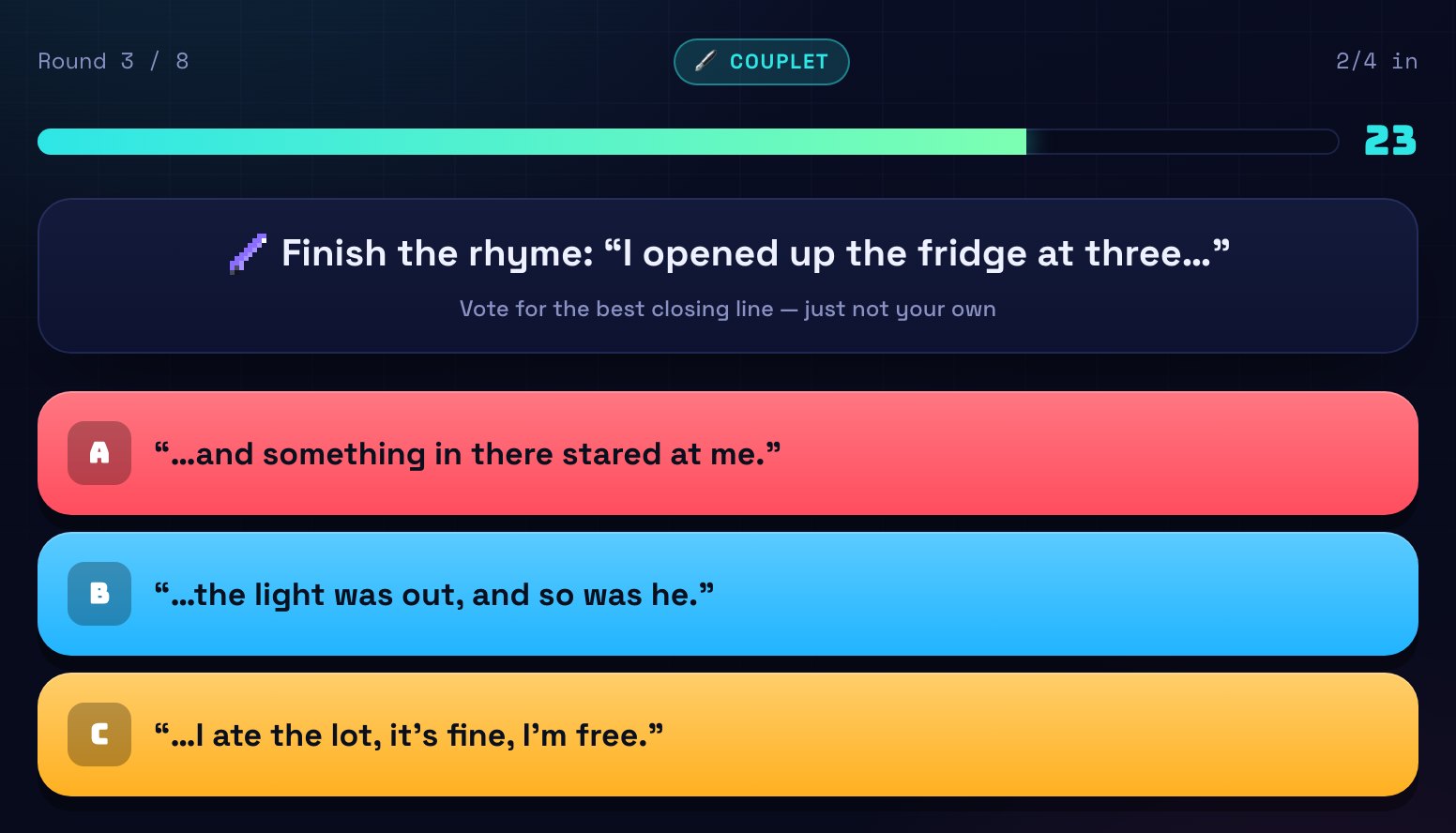A Couplet vote: a seed line about opening the fridge at three, above three player-written closing lines.