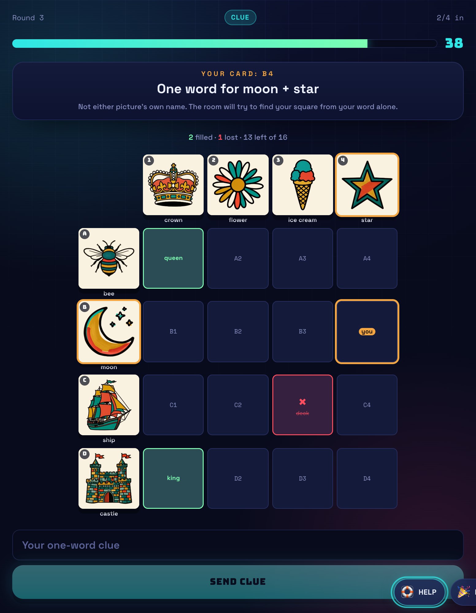 The clue screen in Crossroads: a 4×4 grid with picture cards along the top and side, and the player's square highlighted.