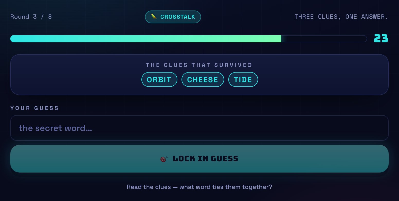 A Crosstalk guess screen showing the surviving clues ORBIT, CHEESE and TIDE with a guess field.
