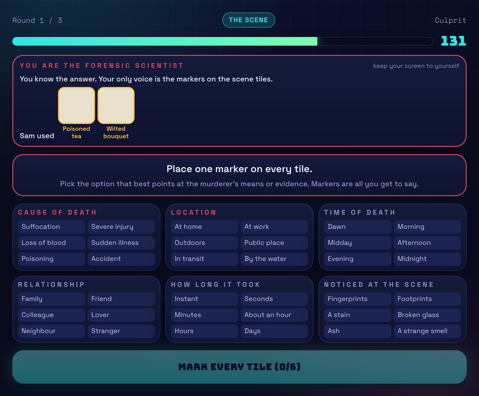 The forensic scientist's screen in Culprit: the murderer's two cards at the top and six scene tiles, each with six options to mark.