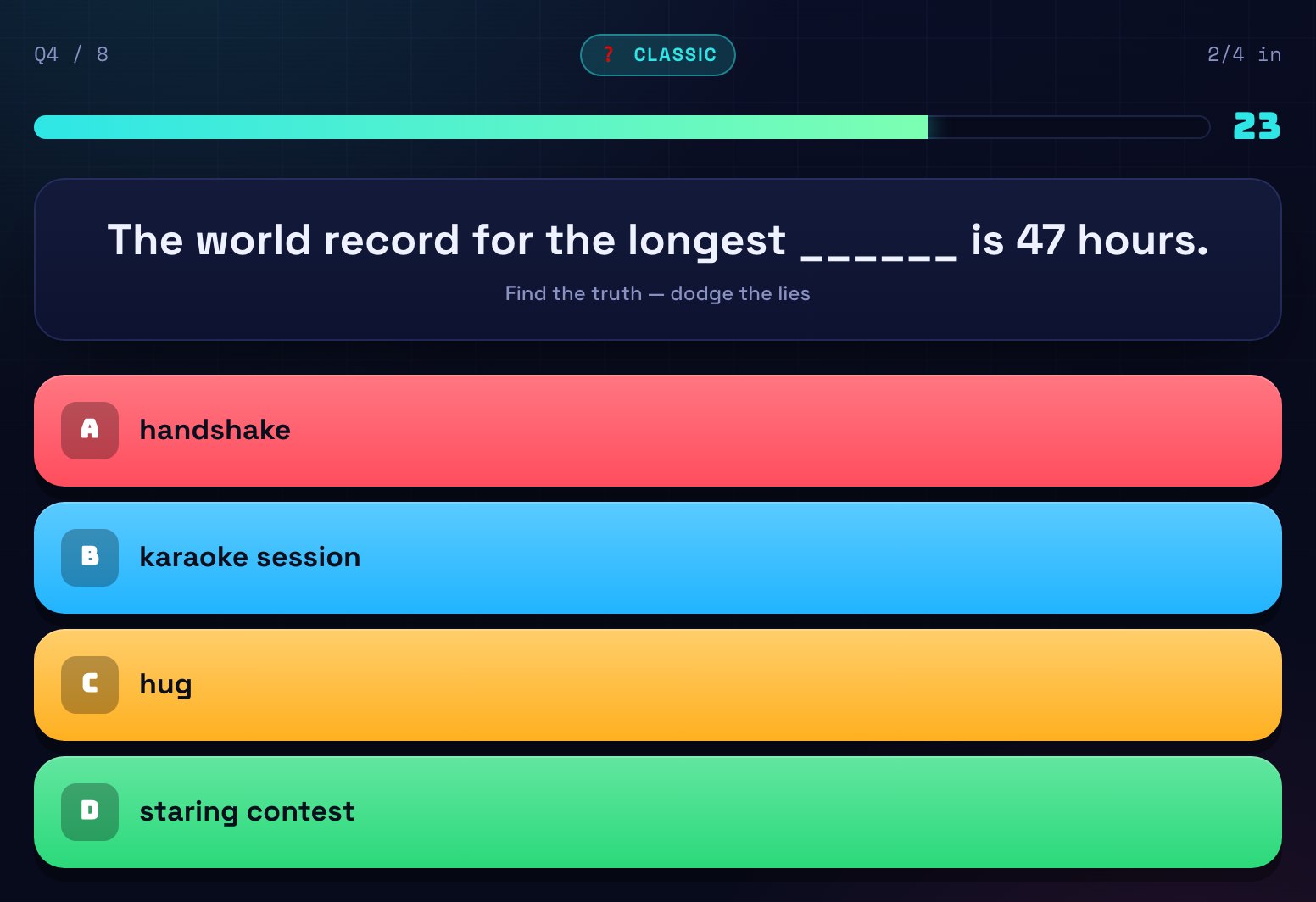 The Fibber voting stage: four options — handshake, karaoke session, hug, staring contest — one of which is the real answer and the rest are players' lies.