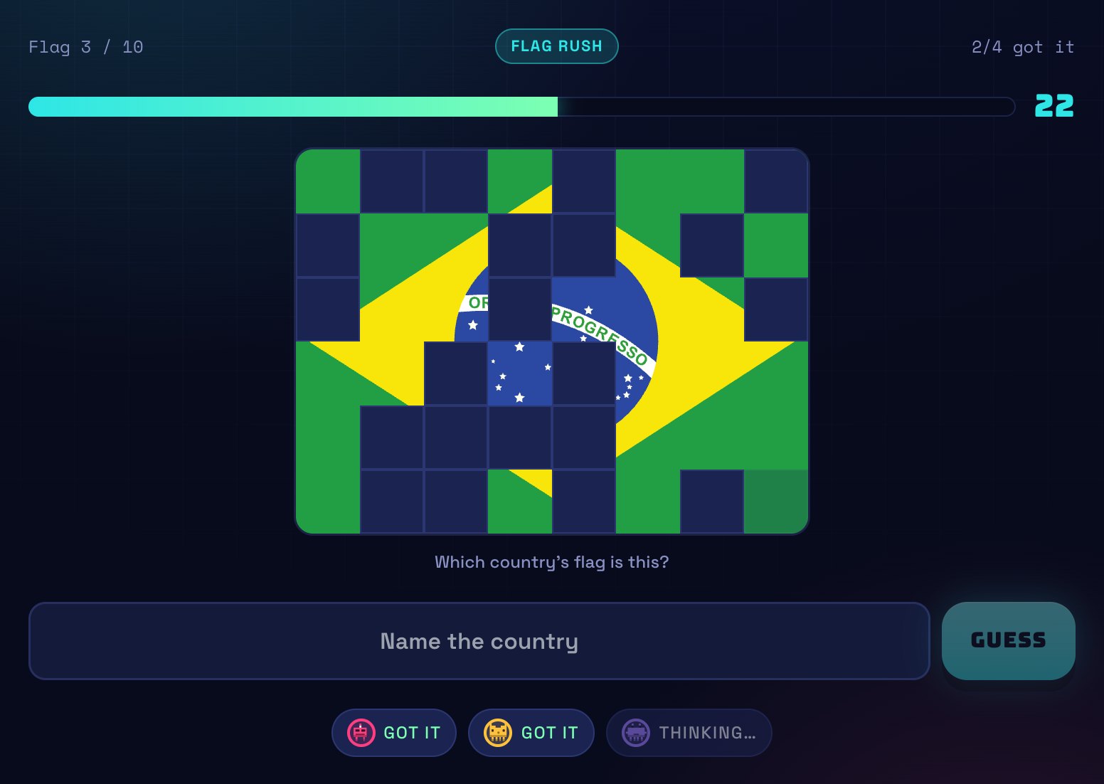 A Flag Rush round halfway through: Brazil's flag with about half of its tiles lifted, a box to type the country, and two players who have already named it.