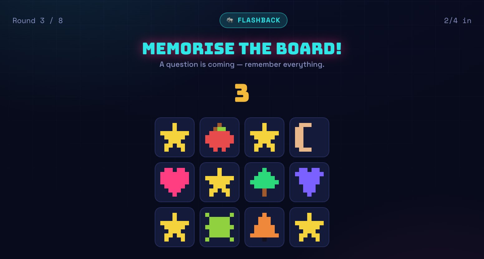 A Flashback round in its memorise phase, telling players to remember the board before the question arrives.