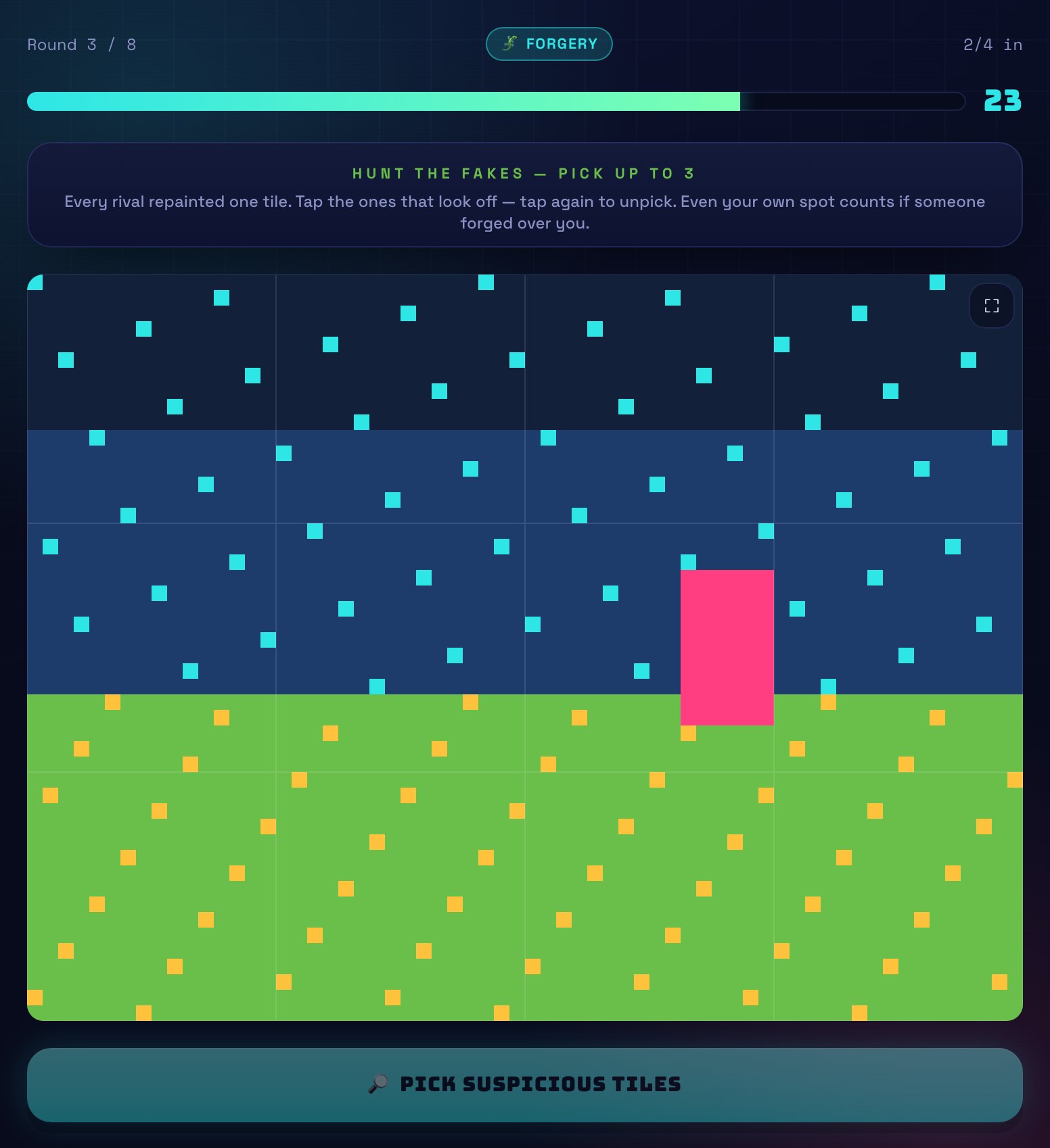 A Forgery hunt screen showing a doctored pixel scene with a prompt to pick up to three repainted tiles.