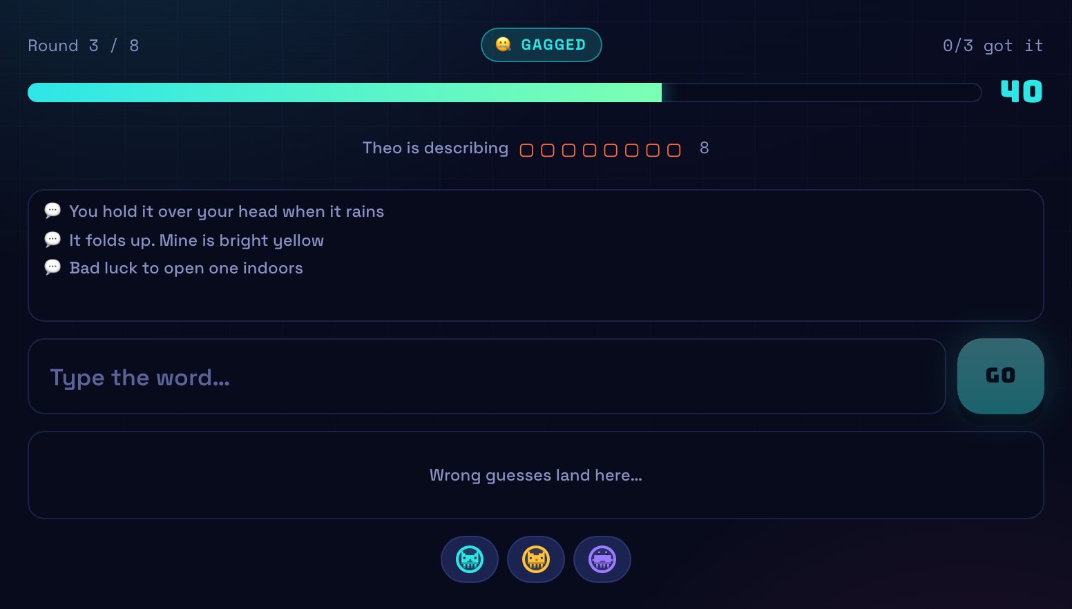 A Gagged round from a guesser's seat: the Talker's clue lines about an object you hold over your head in the rain, with a blanked eight-letter answer.