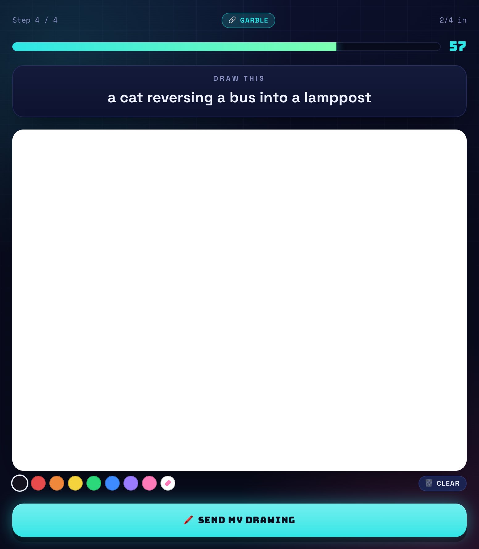 A Garble relay step showing the text to draw — 'a cat reversing a bus into a lamppost' — above a blank canvas.