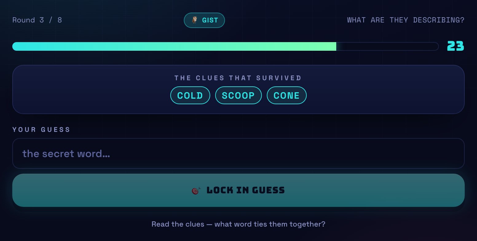 A Gist guess screen showing the clues that survived — cold, scoop and cone — with four candidate answers.