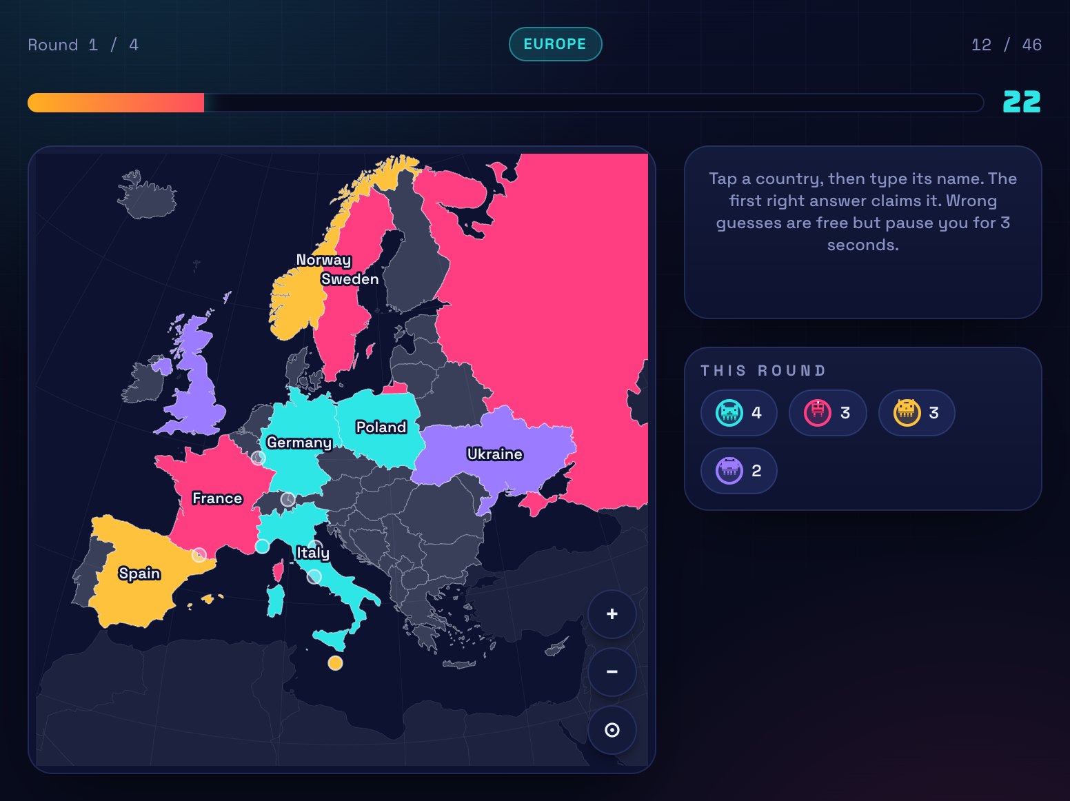 A Globe Grab round in Europe: a shared globe with claimed countries filled in each player's colour.