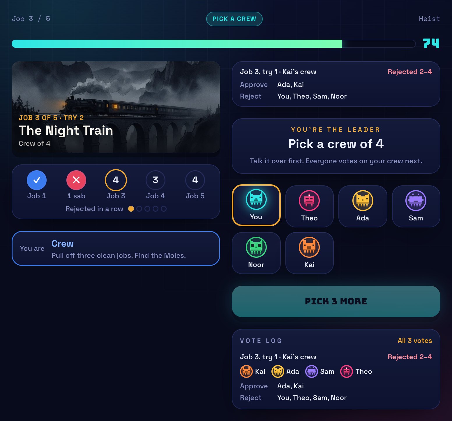 The leader's screen in Heist: the job card for the night train, a role card, and a grid of players to pick a crew from.