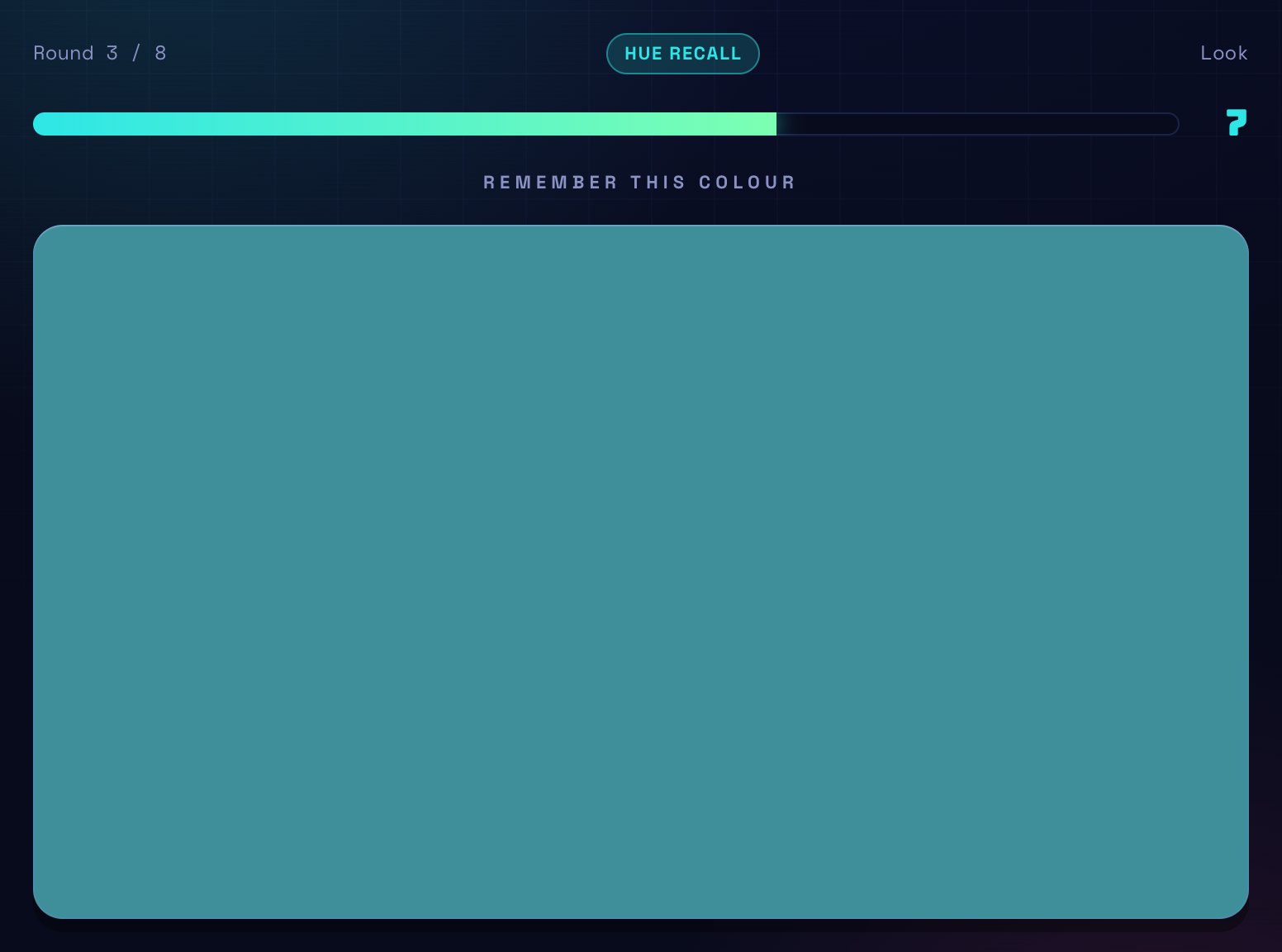 A Hue Recall round showing one large teal colour to remember, with a countdown bar above it.