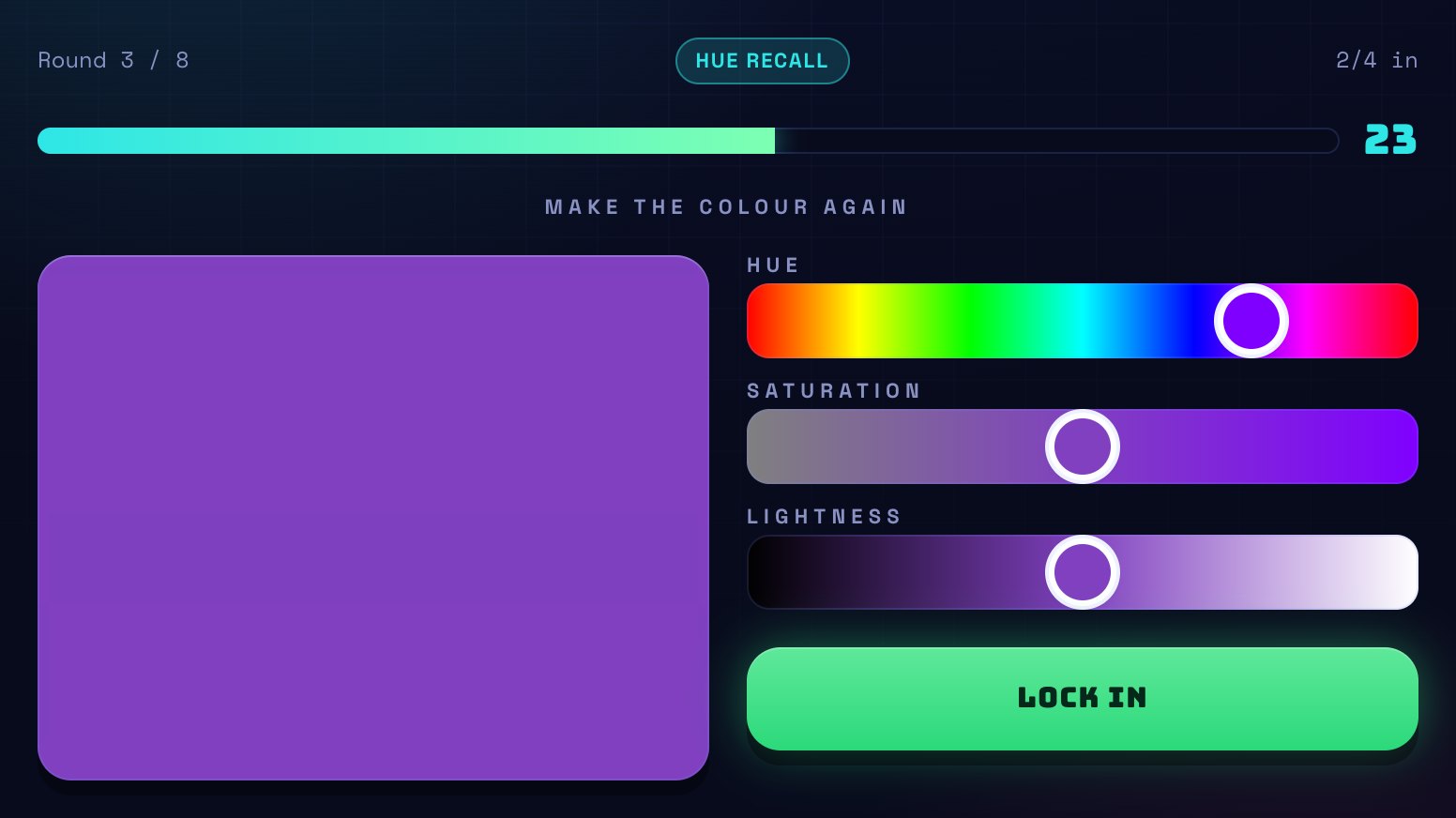 The Hue Recall picker: a big preview square above hue, saturation and lightness sliders, and a Lock in button.