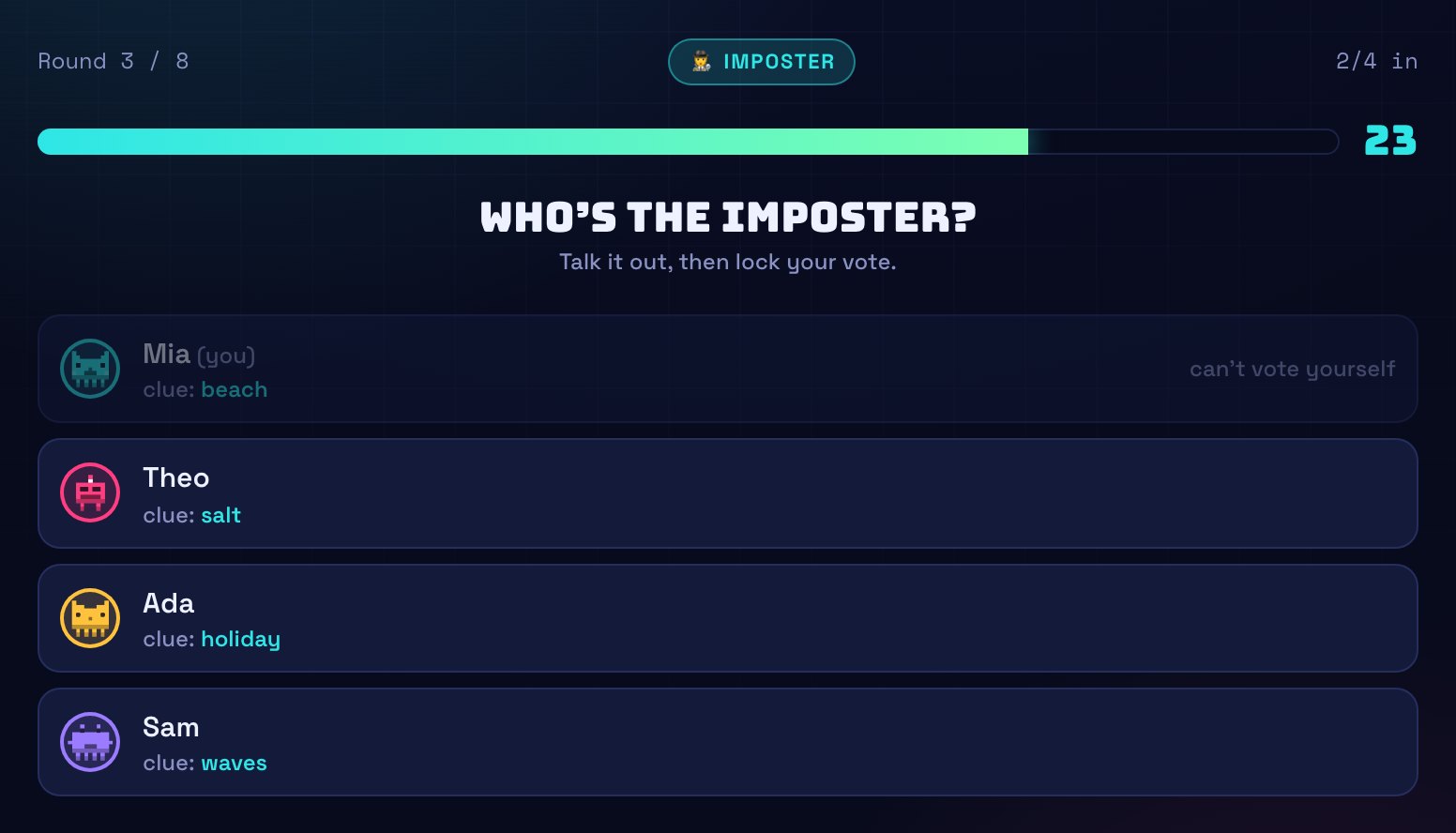 An Imposter vote showing four players and their one-word clues — beach, salt, holiday, waves.