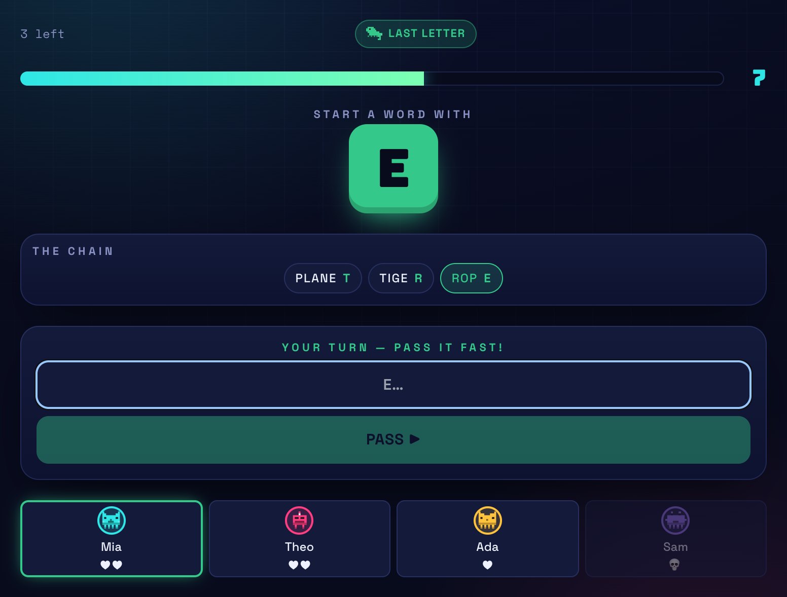 A Last Letter turn: the required starting letter E, the chain of played words PLANET, TIGER and ROPE, and each player's remaining life hearts.