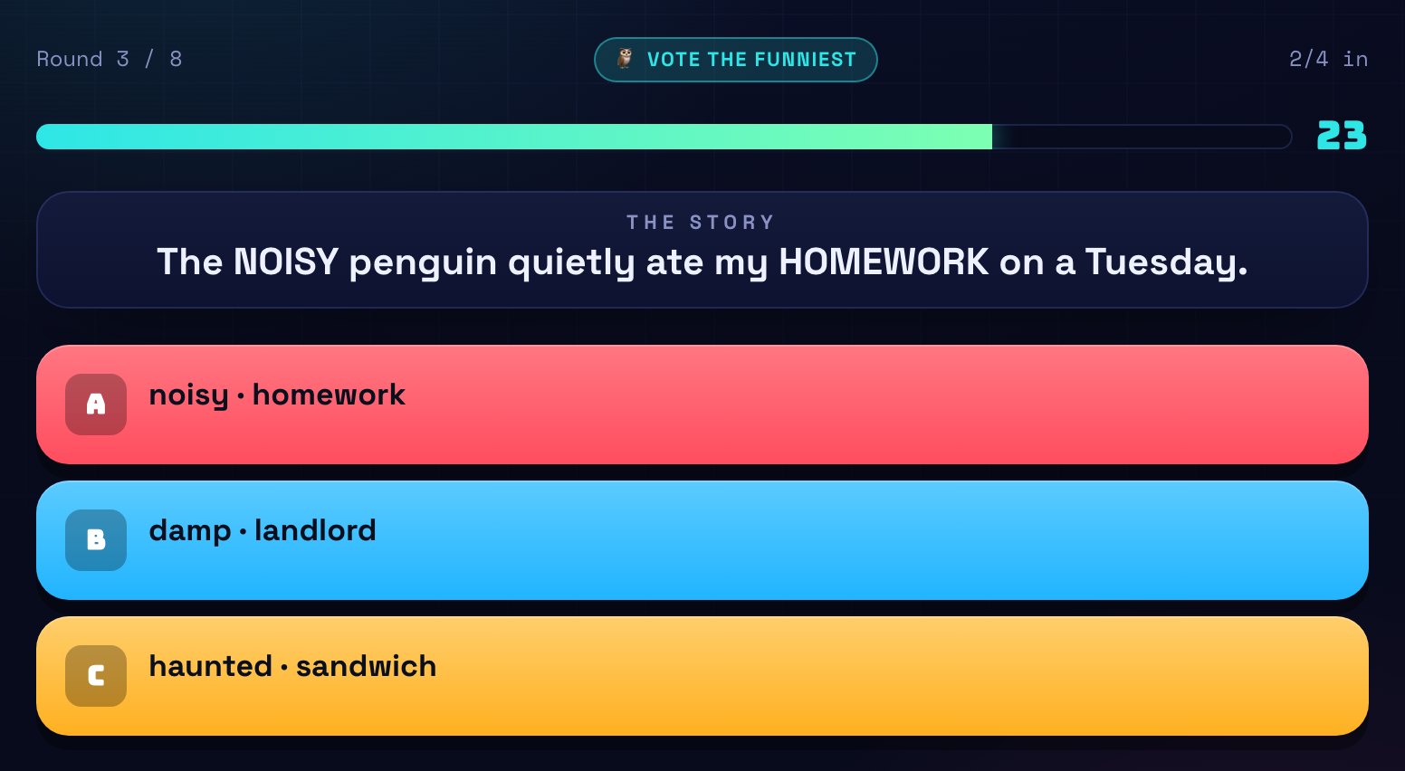 A Libs vote showing a story about a noisy penguin eating homework, with alternative word pairs to choose from.