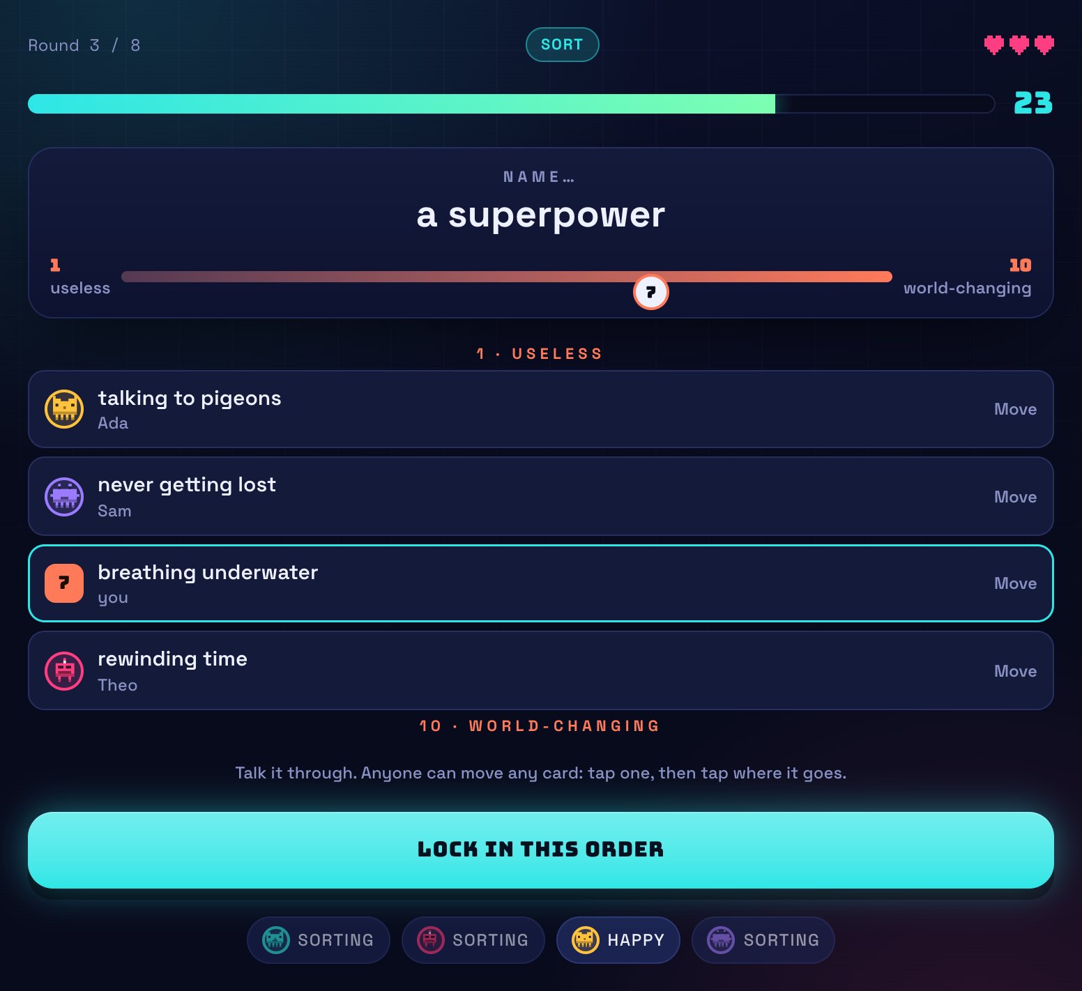 The Low High board: four superpowers in a column from useless at the top to world-changing at the bottom, with your own card marked with your number.