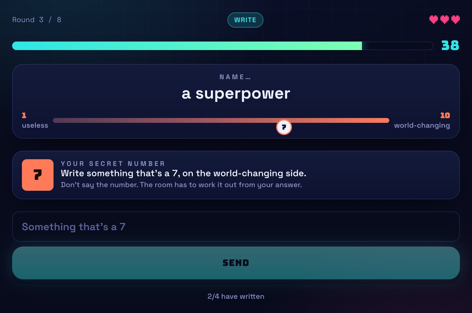 The Low High write screen: your secret number 7 on a scale from useless to world-changing, and a box for your superpower.