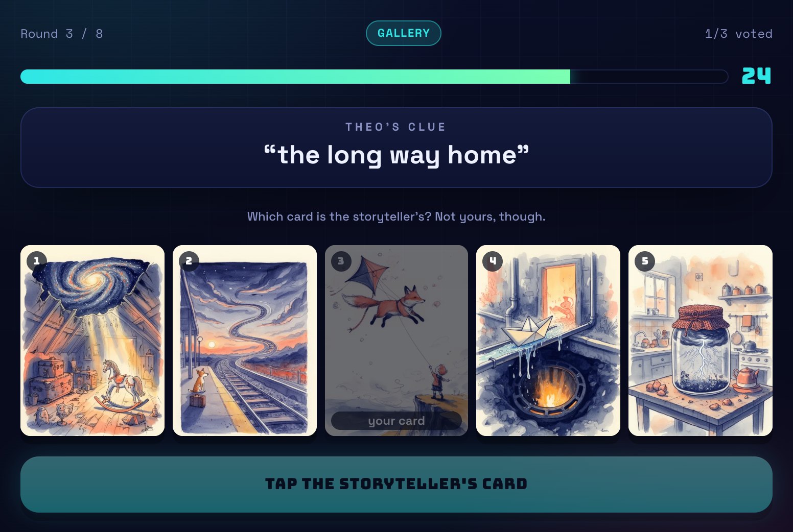 A Muse vote: five picture cards under the clue “the long way home”, with your own card greyed out.