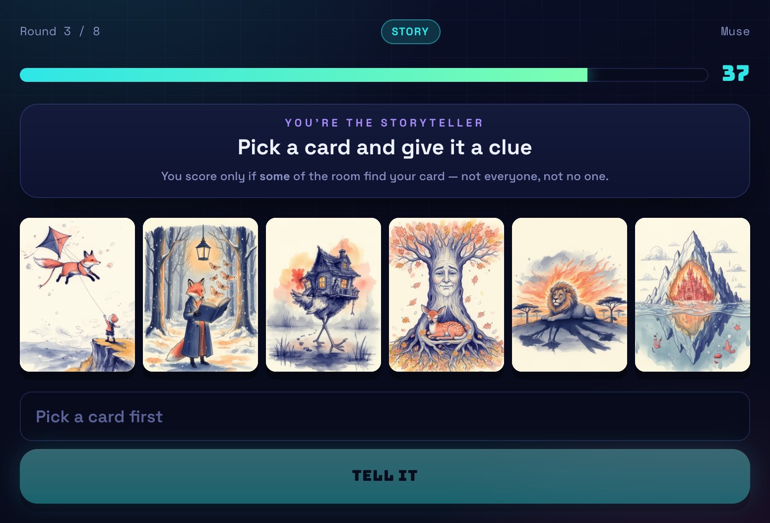 The storyteller's screen in Muse: a hand of six watercolour picture cards and a box for the clue.