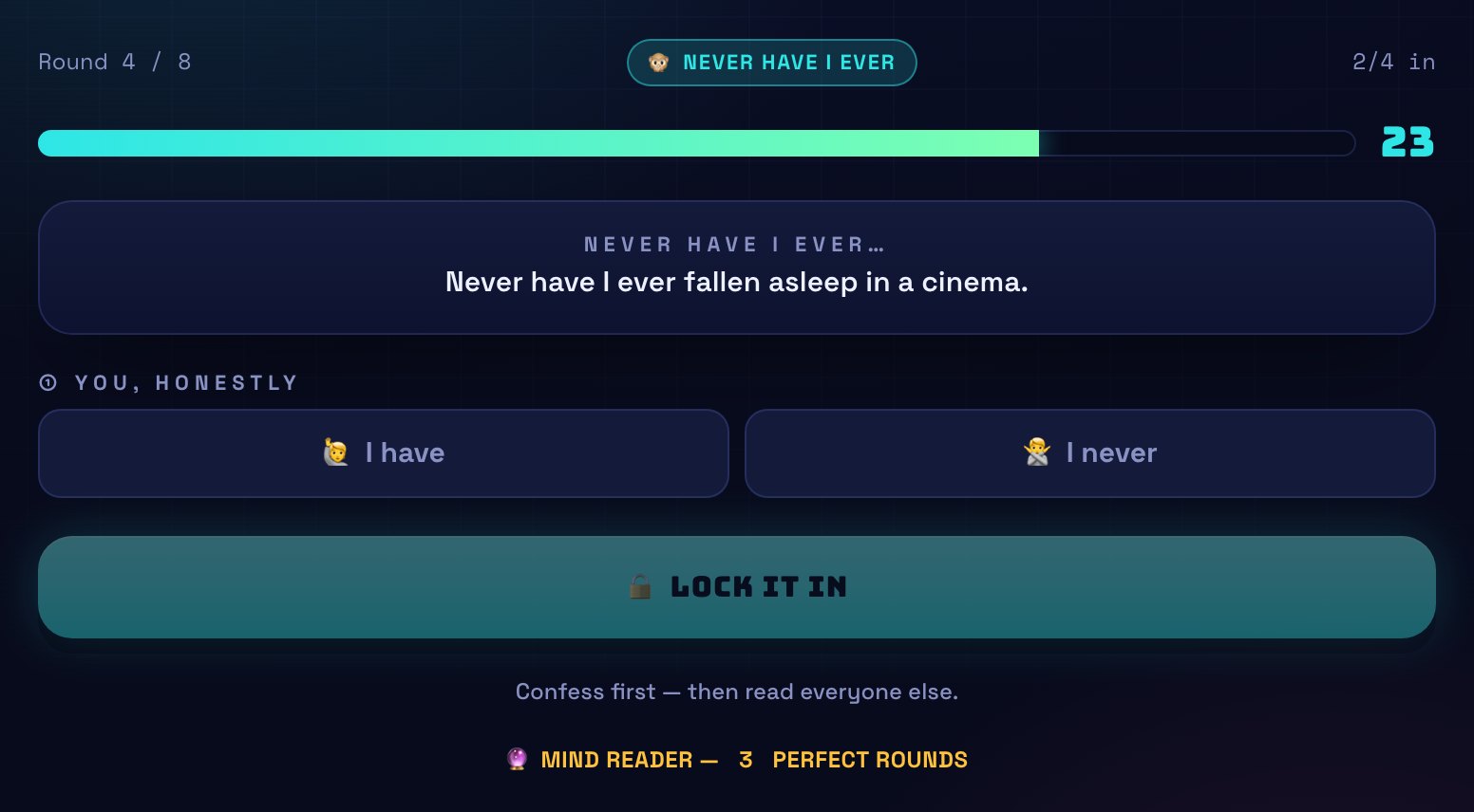 A Never Have I Ever round: the statement 'Never have I ever fallen asleep in a cinema' with private 'I have' and 'I never' buttons.