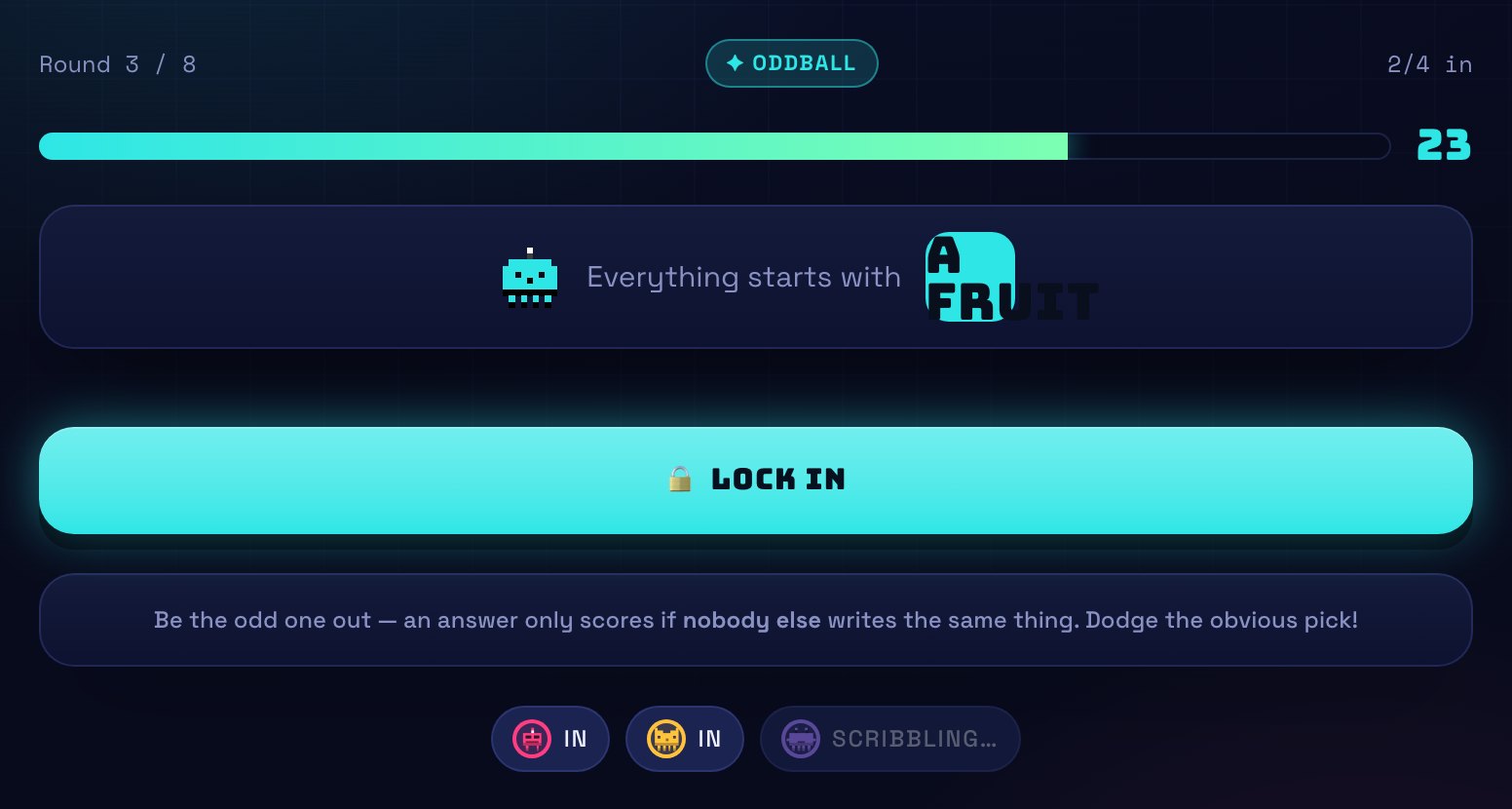 An Oddball round asking for a fruit, with a reminder that an answer only scores if nobody else writes it.