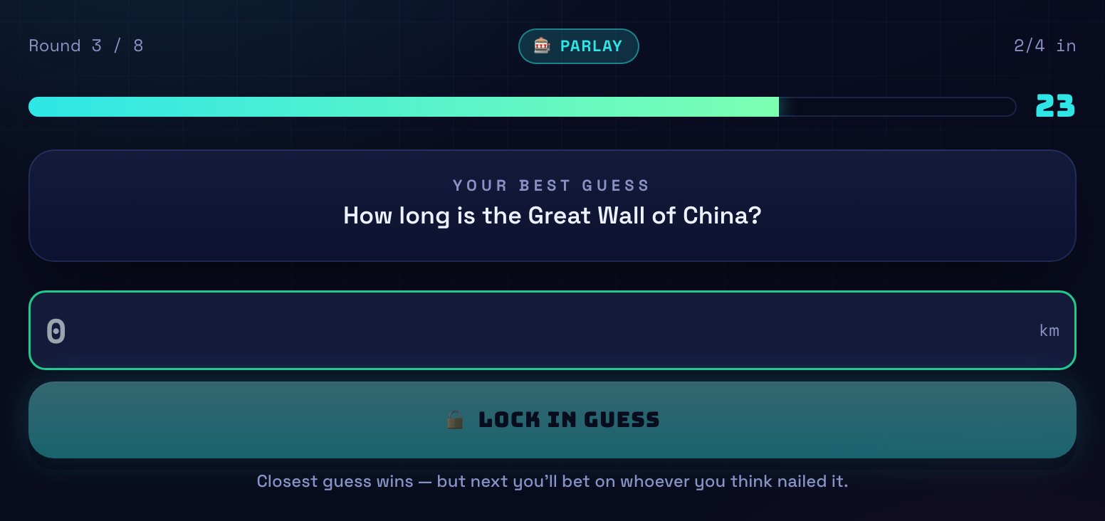 A Parlay round asking how long the Great Wall of China is, with a number field measured in kilometres.