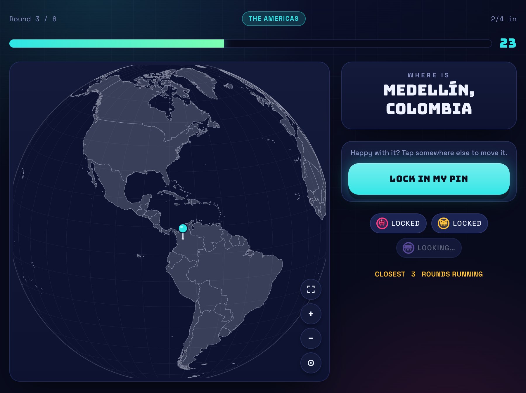 A Pin Drop round: the place name above a 3D globe, with the player's pin dropped in South America.