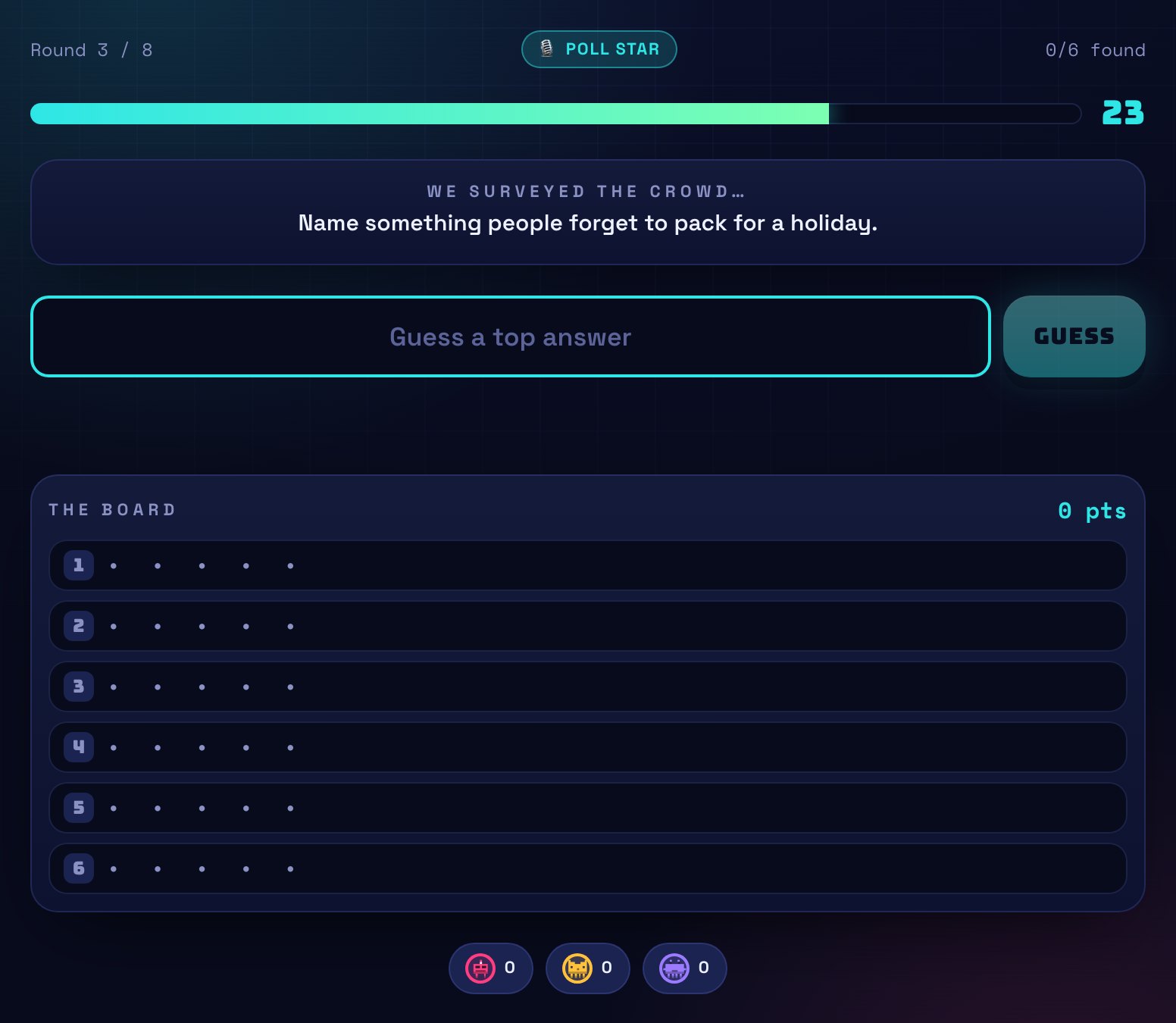 A Poll Star board with six hidden survey answers about what people forget to pack for a holiday.
