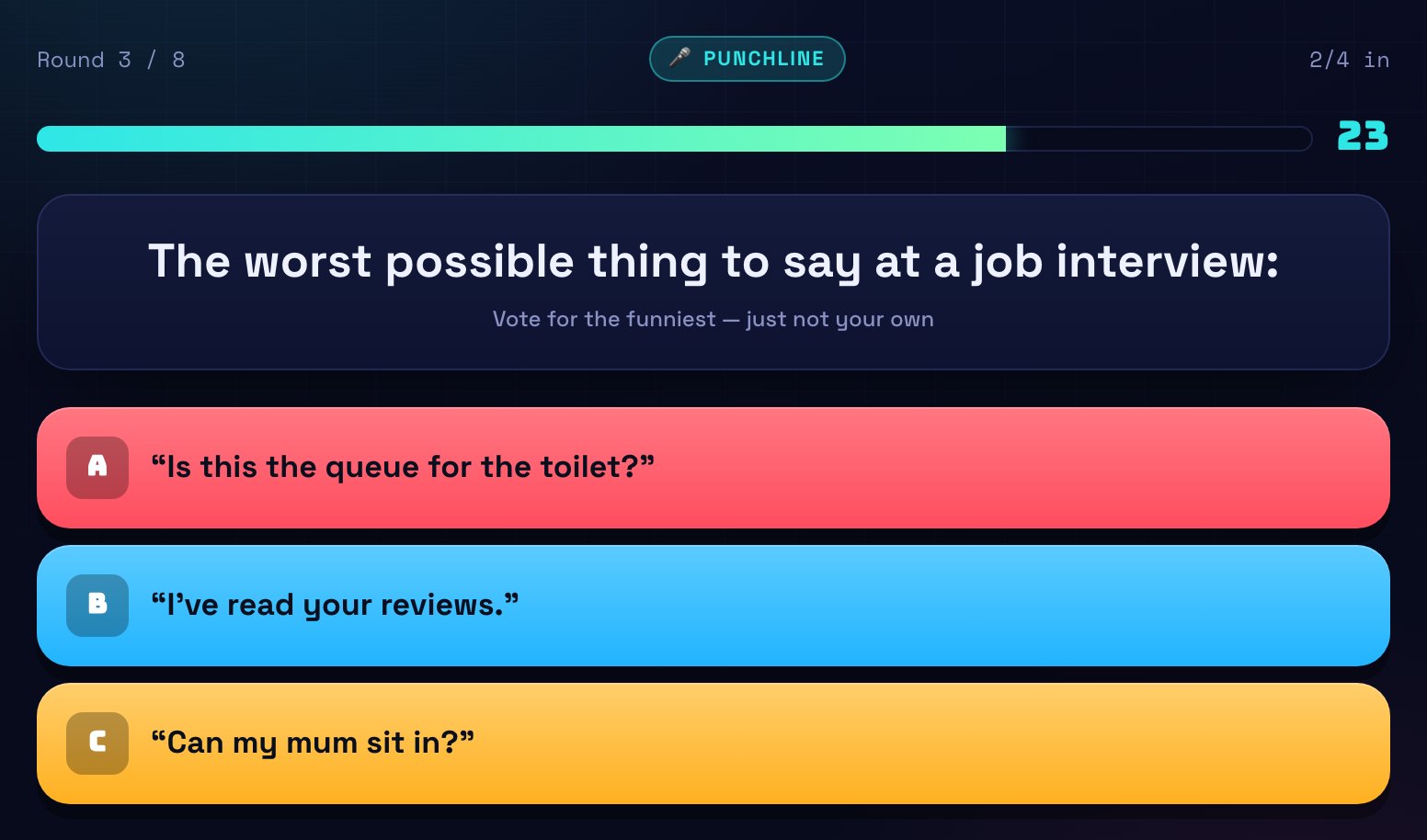 A Punchline vote showing three player-written answers to a prompt about job interviews.