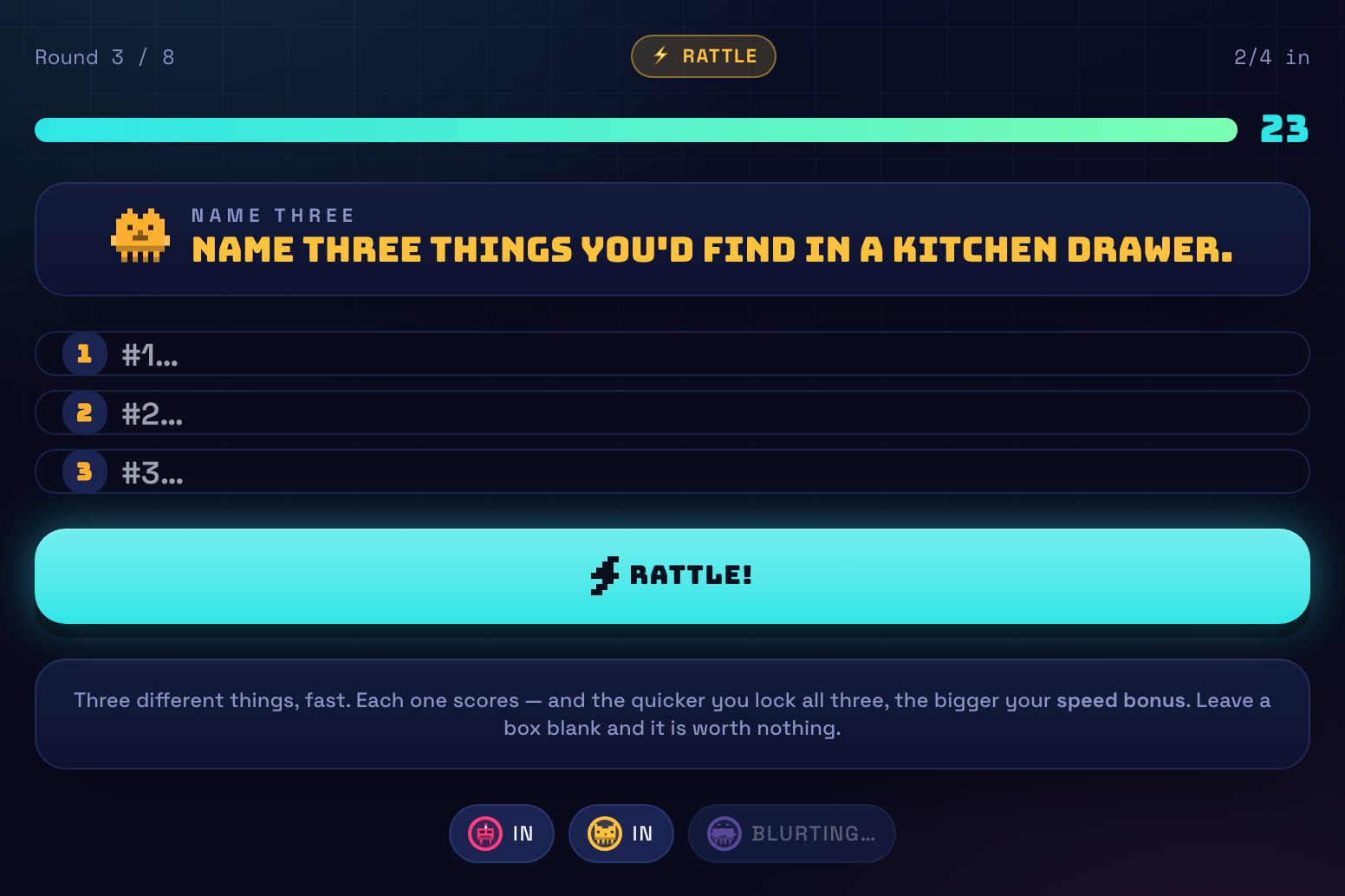 A Rattle round asking players to name three things in a kitchen drawer, with three answer slots.