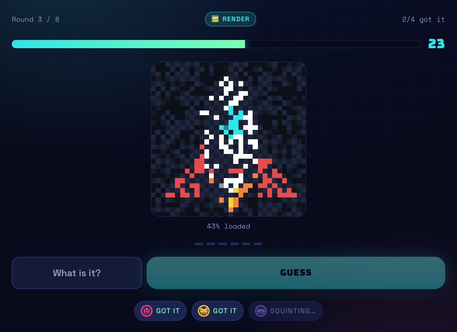 A Render round with a pixel picture 44% loaded and a guess field, scoring more the earlier you call it.