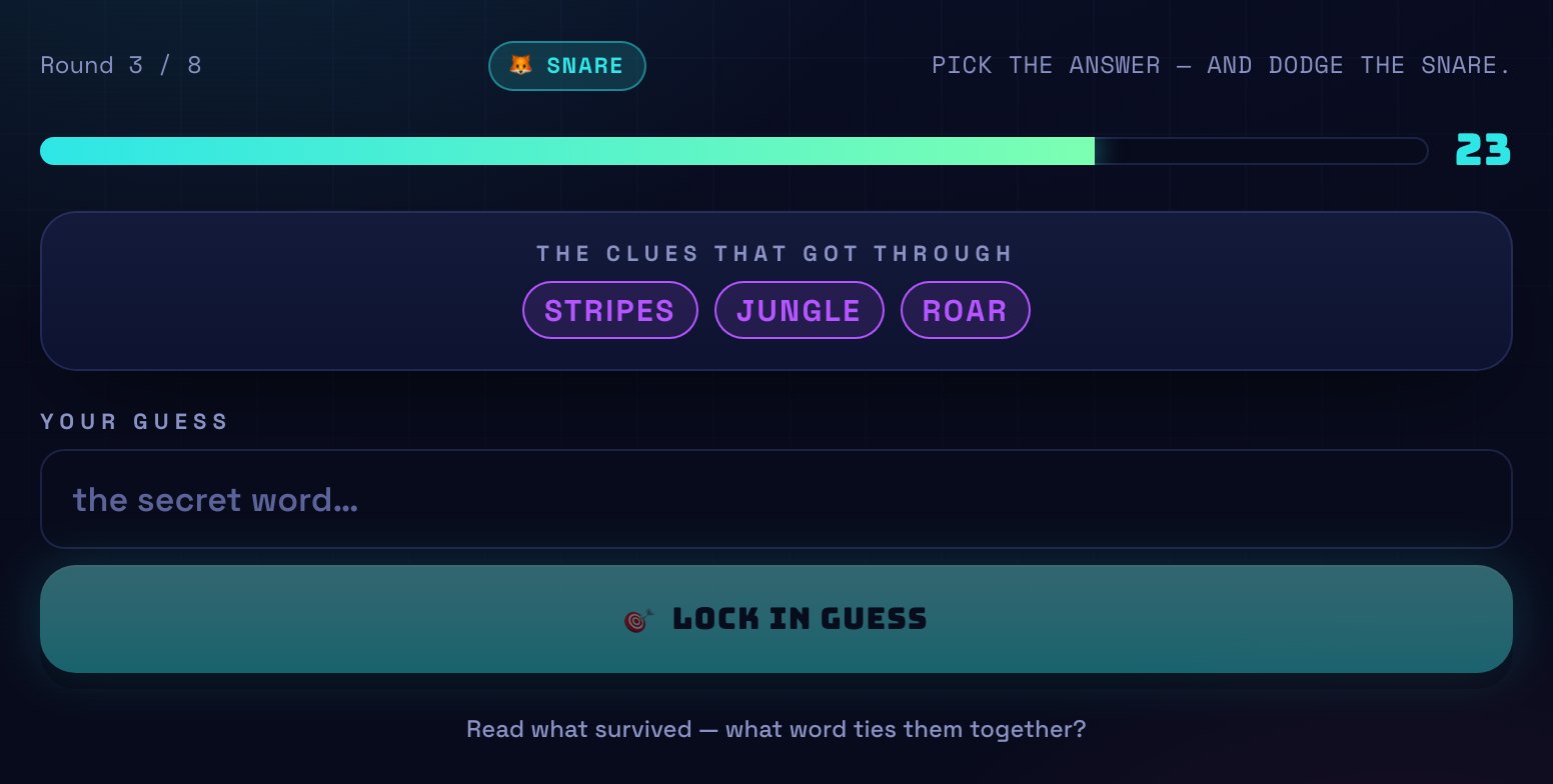 A Snare guess screen showing the clues that got past the trappers — stripes, jungle and roar.