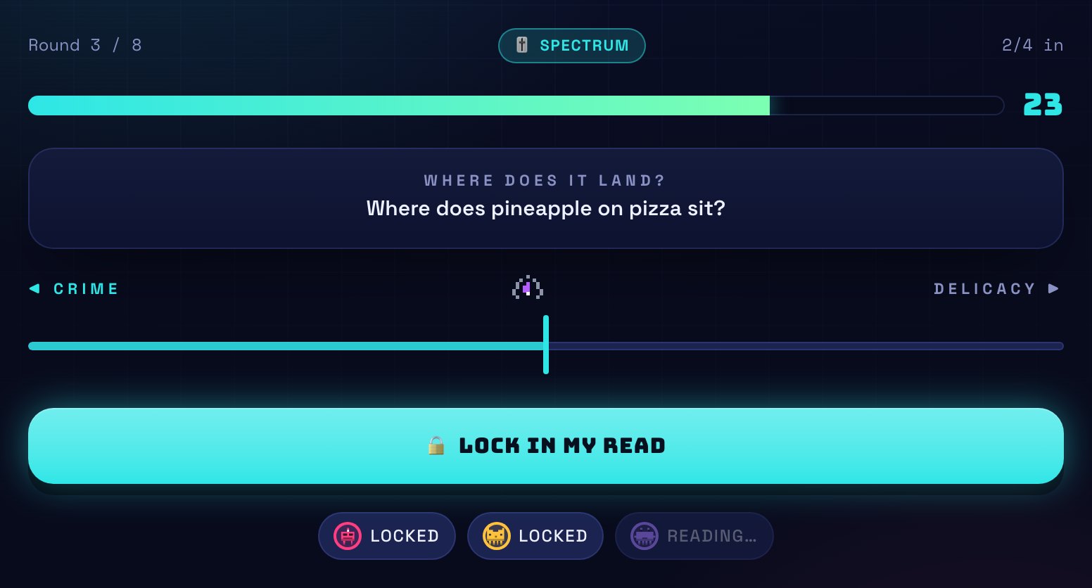 A Spectrum dial placing pineapple on pizza somewhere between the labels CRIME and DELICACY.