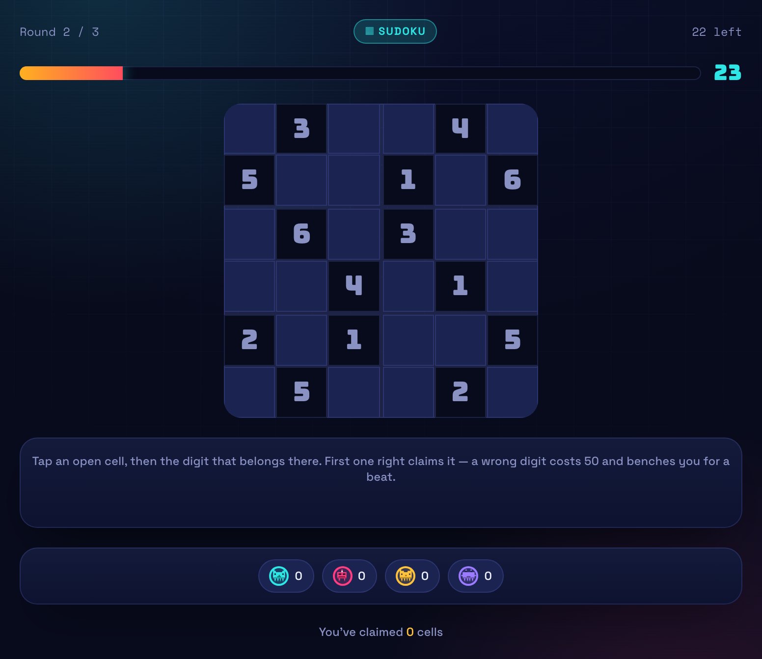 A shared 6 by 6 sudoku grid with printed givens and open cells waiting to be claimed.