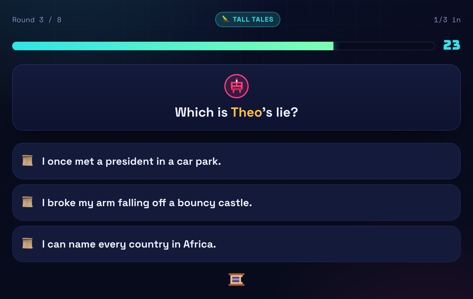 A Tall Tales vote showing three stories about Theo, one of which is invented.