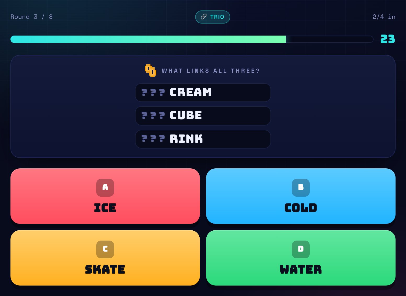 A Trio puzzle with the clue words CREAM, CUBE and RINK above four candidate link words.