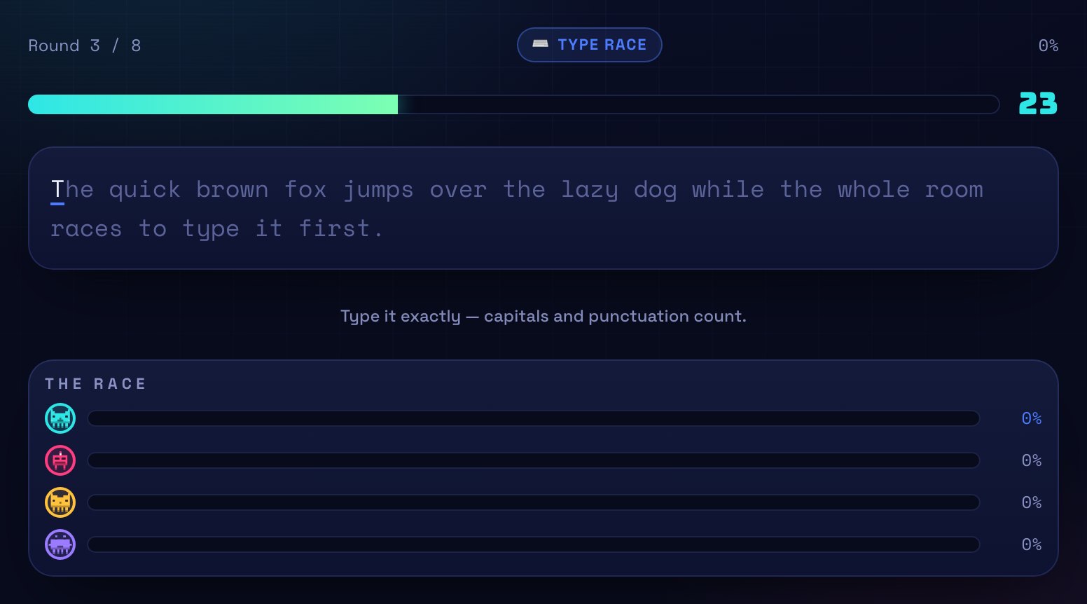 A Type Race round with a passage to type and a live progress indicator.